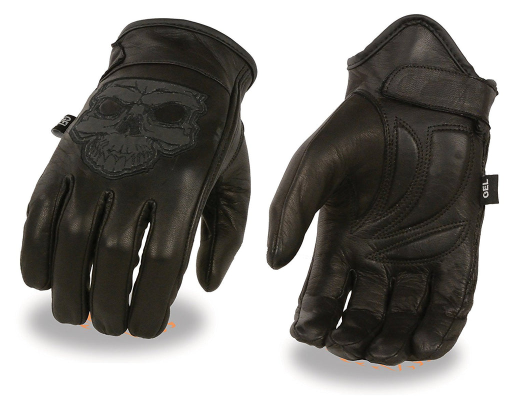 Men's Leather Motorcycle Glove w/ Reflective Skull Design & Gel Palm