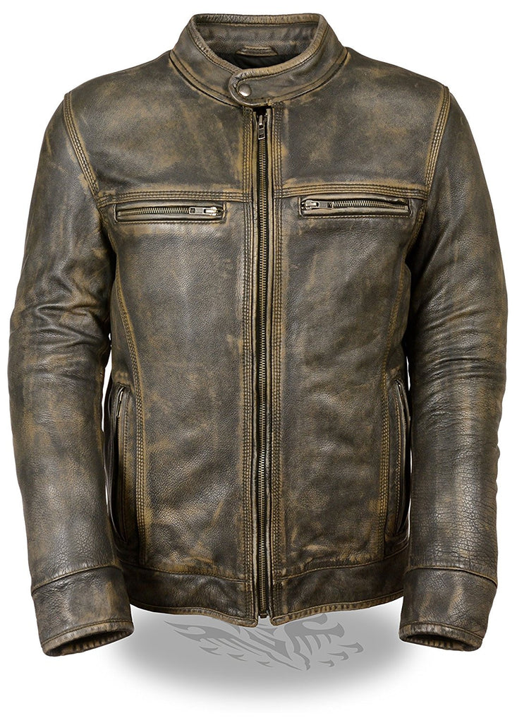 Milwaukee Men's Distressed Brown Leather Scooter Jacket w/ Triple Stitch Detailing
