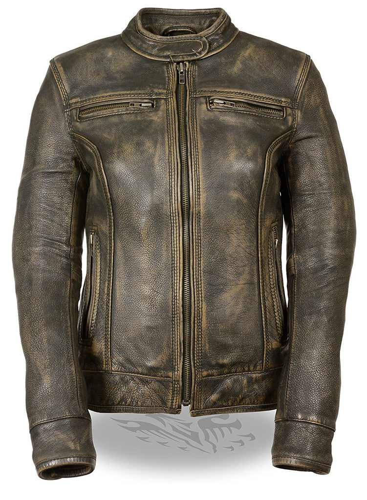 Ladies Distressed Brown Leather Scooter Jacket w/ Triple Stitch Detailing Motorcycle Jacket