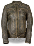 Ladies Distressed Brown Leather Scooter Jacket w/ Triple Stitch Detailing Motorcycle Jacket - Maine-Line Leather - 1