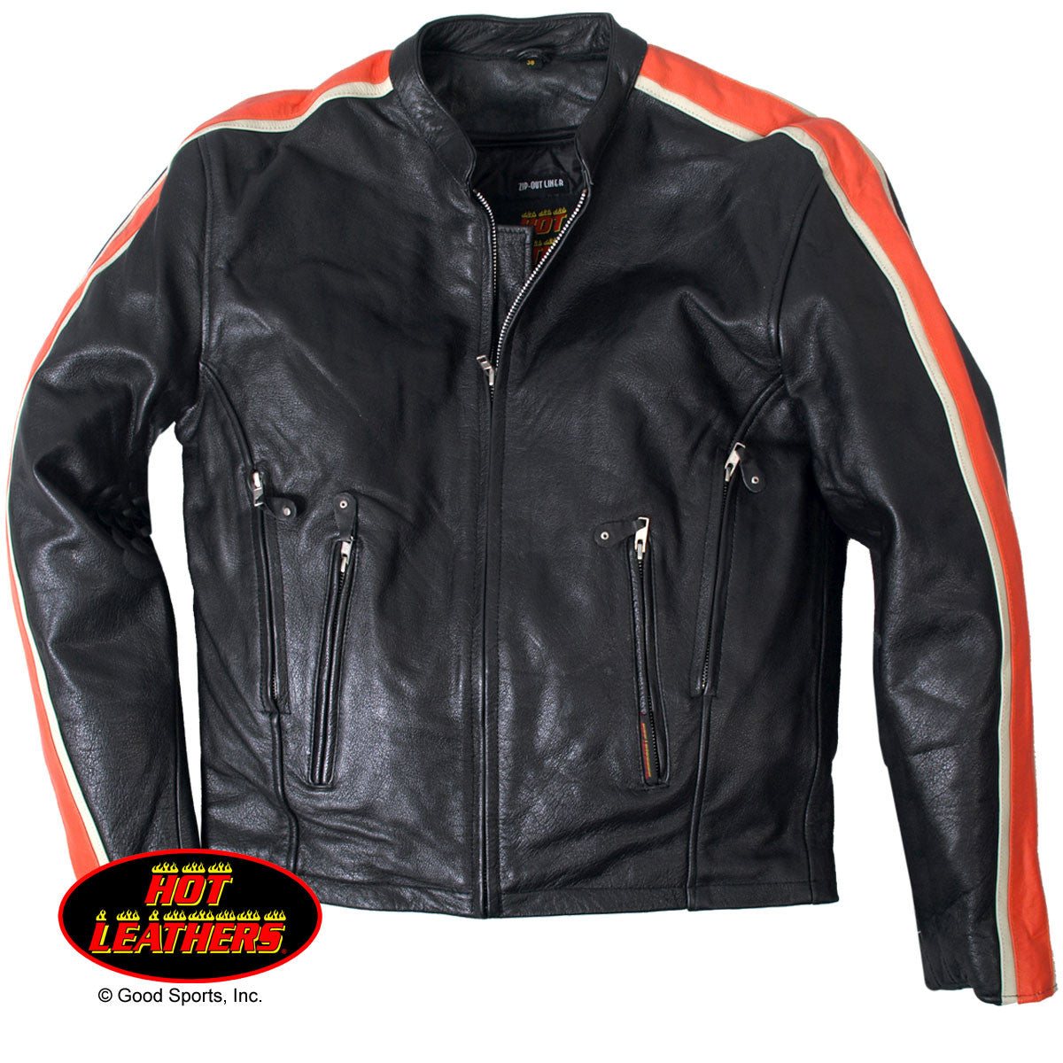 Men's Leather Jacket with Orange & Cream Arm Stripes - Maine-Line Leather - 1