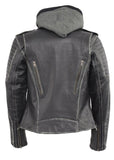 Ladies Distressed Gray Leather Motorcycle Jacket w Removable Hoodie