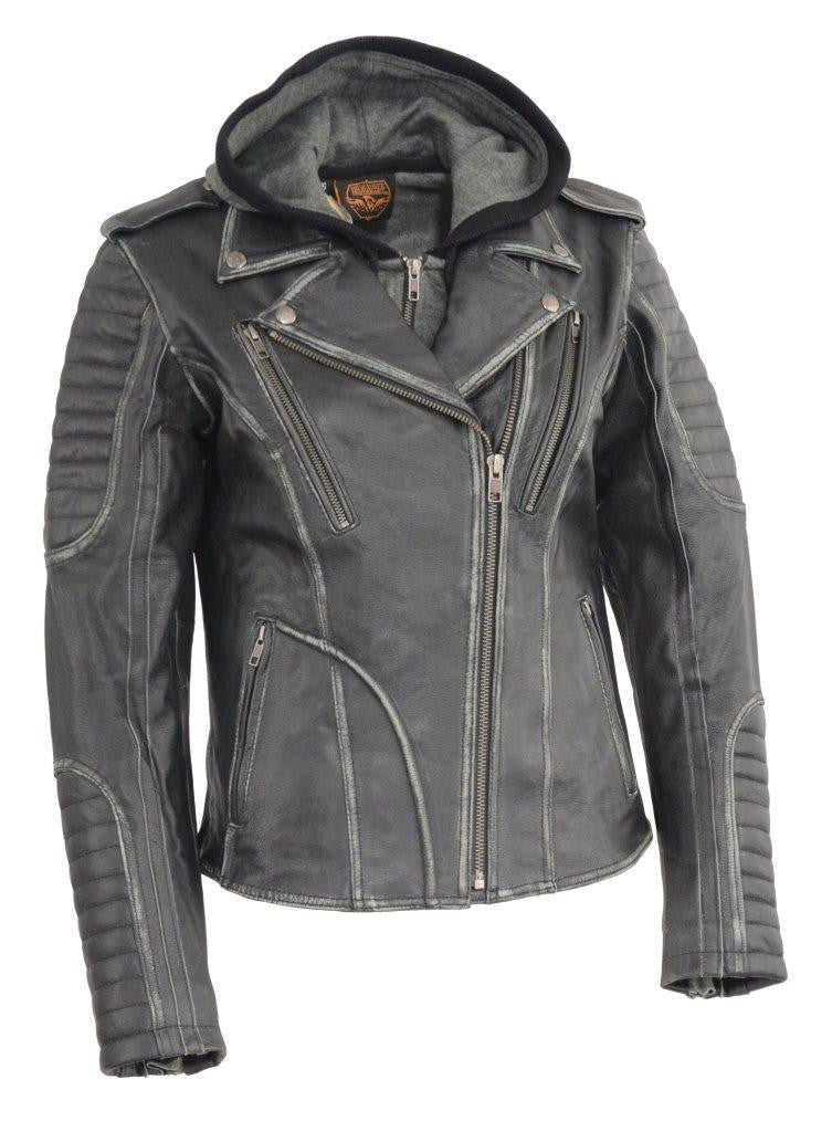 Ladies Distressed Gray Leather Motorcycle Jacket w Removable Hoodie