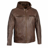 Men’s Snap Collar Leather Moto Jacket w/ Removable Hood 2 Colors